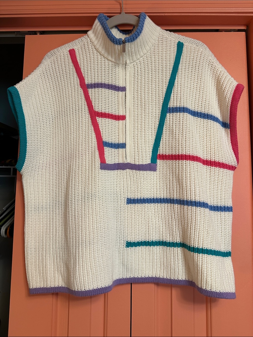 New York & Company Off White Knit Boxy Sweater Quarter Zip